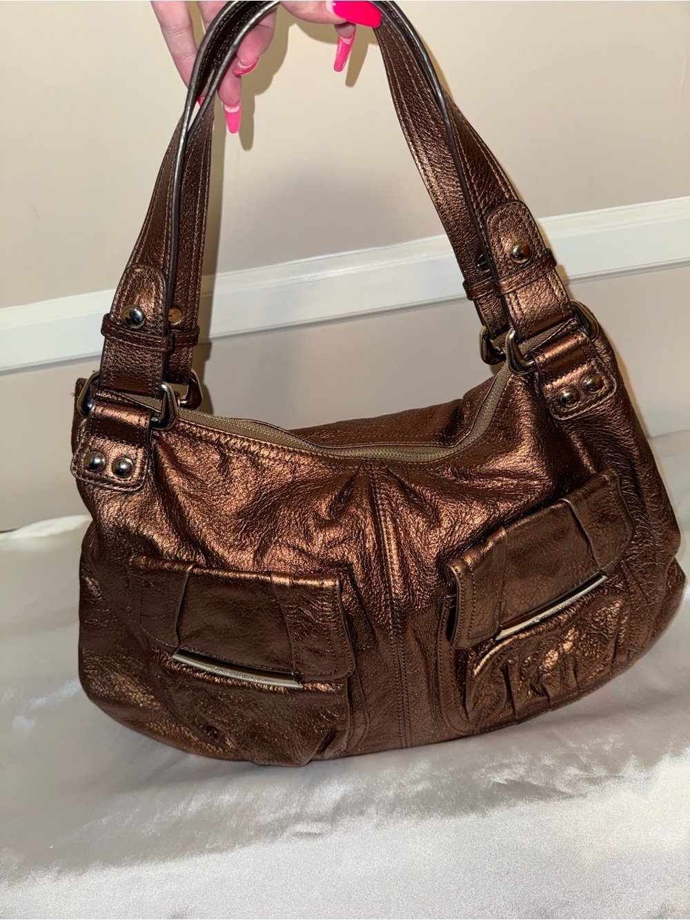 B. Makowsky Metallic Brown Leather Shoulder Bag